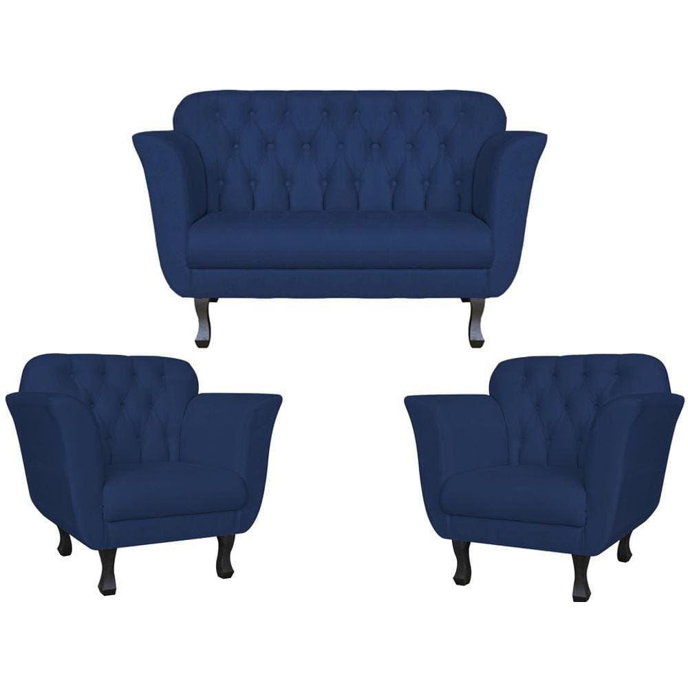 Kit Namoradeira + 2 Poltronas Decorativa Dália Suede Azul Marinho Pés Madeira Mz Decor