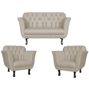 Kit Namoradeira + 2 Poltronas Decorativa Dália Suede Bege Pés Madeira Mz Decor