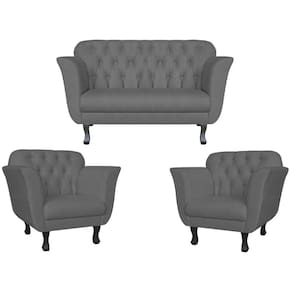 Kit Namoradeira + 2 Poltronas Decorativa Dália Suede Cinza Pés Madeira Mz Decor