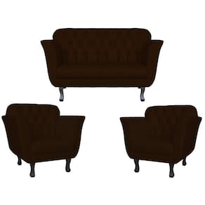 Kit Namoradeira + 2 Poltronas Decorativa Dália Suede Marrom Pés Madeira Mz Decor
