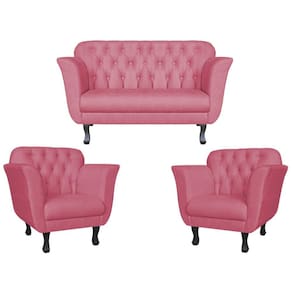 Kit Namoradeira + 2 Poltronas Decorativa Dália Suede Rosa Pés Madeira Mz Decor