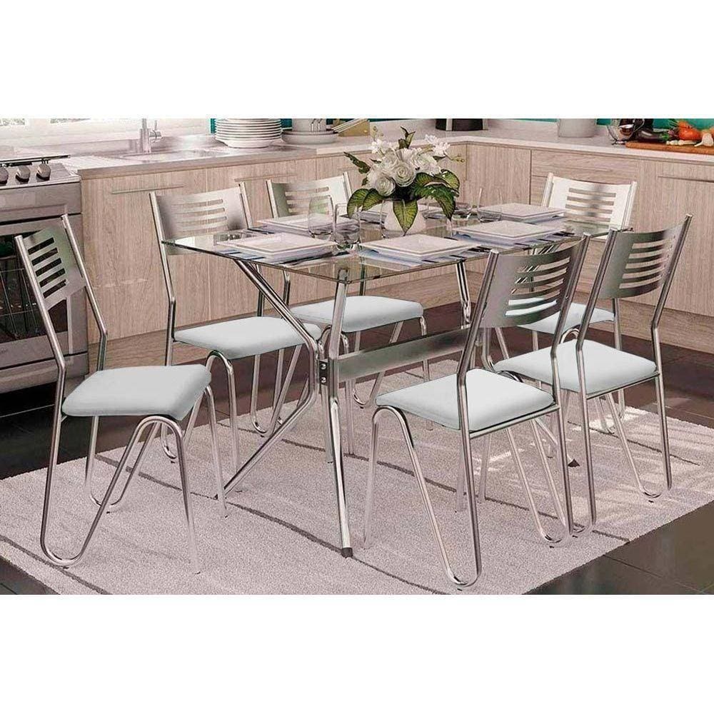 Kit Mesa Loire C- Tampo de Vidro 120cm + 6 Cadeiras Nápoles Cromada Branco