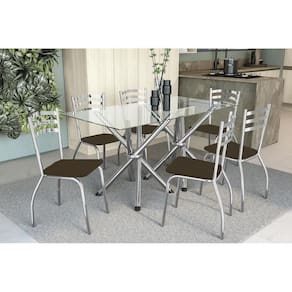 Kit Mesa Volga C- Tampo Vidro 150cm + 6 Cadeiras Portugal Cromado Courano Marrom