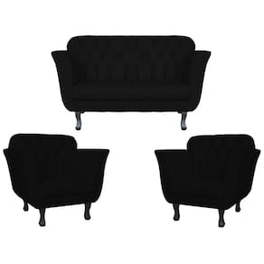 Kit Namoradeira + 2 Poltronas Decorativa Dália Couro Preto Pés Madeira Mz Decor