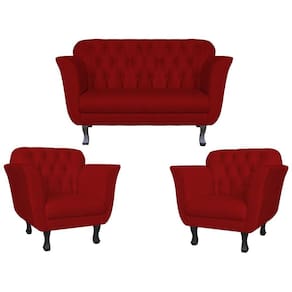 Kit Namoradeira + 2 Poltronas Decorativa Dália Couro Vermelho Pés Madeira Mz Decor