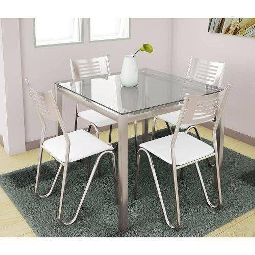 Kit Mesa Reno C- Tampo Vidro 90cm + 4 Cadeiras Nápoles Cromado Courano Branco