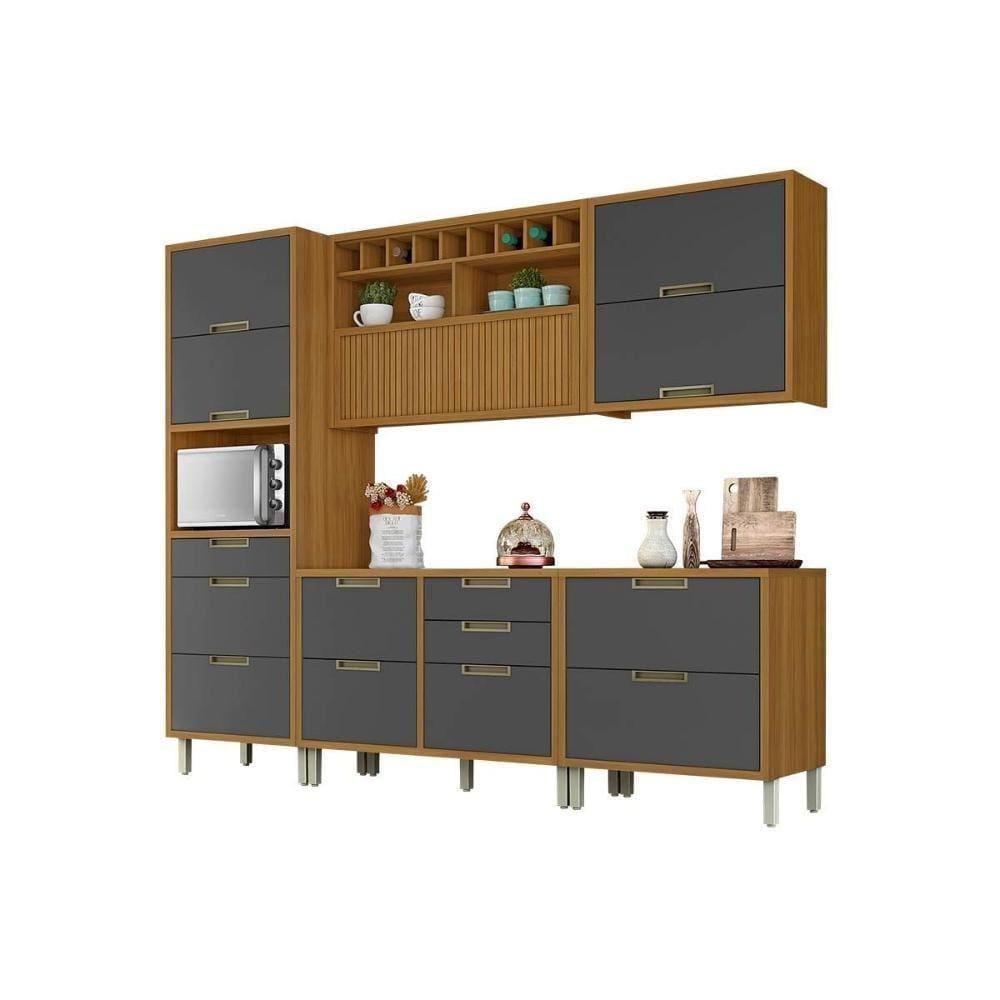 Kit De Cozinha Completa 5 Peças Completa (2 Balcões 2 Aéreos+ Paneleiro) Freijo/grafite