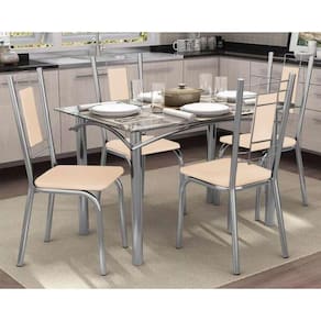 Kit Mesa Elba C- Tampo Vidro 120cm + 4 Cadeiras Florença Cromado Courano Nude
