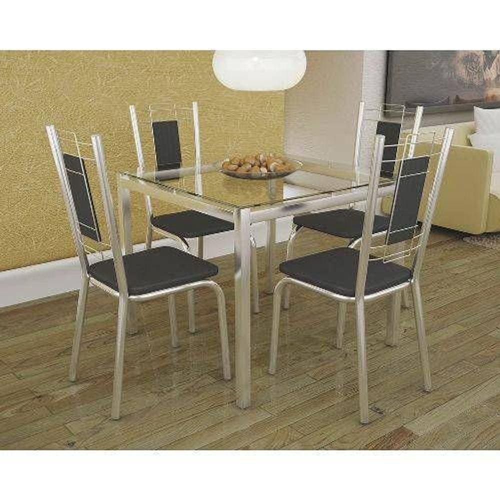 Kit Mesa Reno C- Tampo Vidro 90cm + 4 Cadeiras Florença Cromado Courano Preto