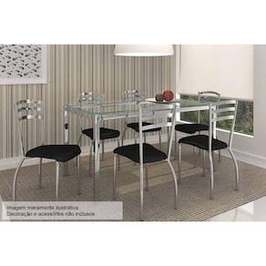 Kit Mesa Reno C- Tampo Vidro 150cm + 6 Cadeiras Portugal Cromado Courano Preto
