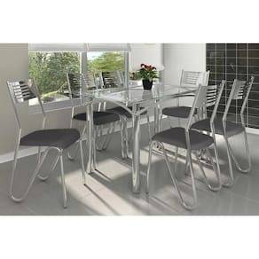 Kit Mesa Elba C- Tampo Vidro 140cm + 6 Cadeiras Nápoles Cromado Courano Preto