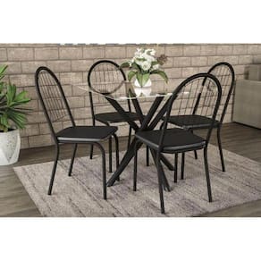 Kit Mesa Volga C- Tampo de Vidro 95cm + 4 Cadeiras Noruega Preto Fosco