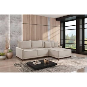 Sofá Linho 3 Lugares 264cm com Chaise Lado Direito Barra Cru