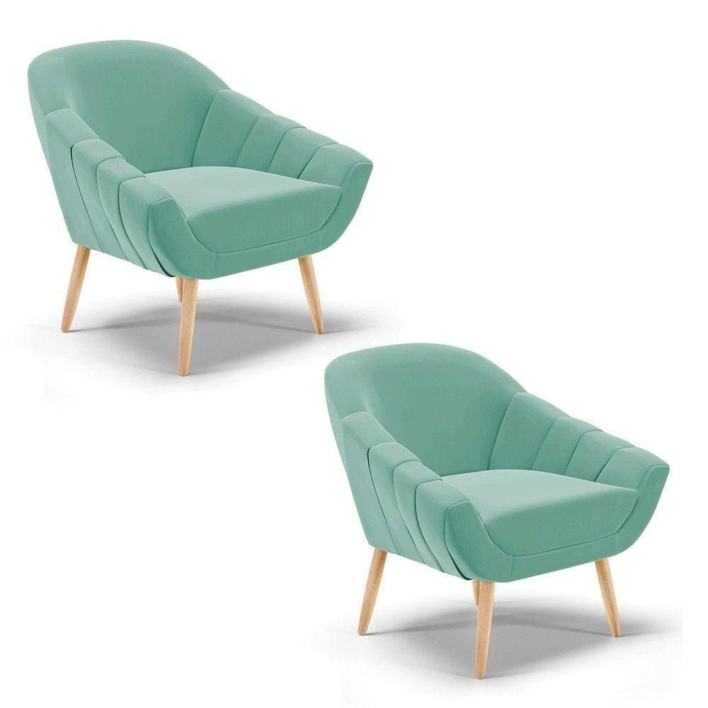 Kit 02 Poltronas Giovana Suede Natural Azul Turquesa