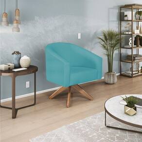 Poltrona Decorativa Luiza Base Giratória De Madeira Suede Azul Turquesa