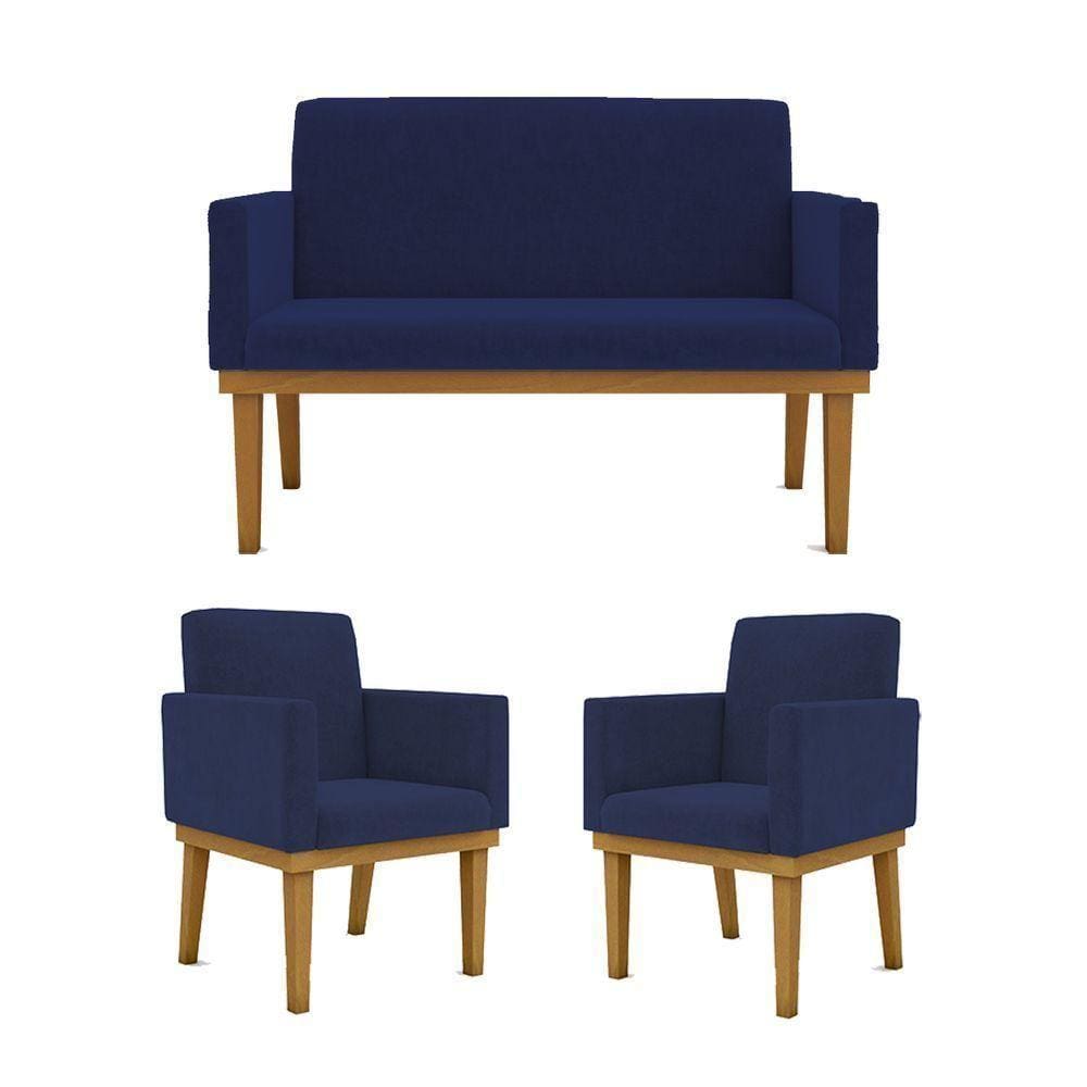 Kit Sofá Com Base Reforçada + 2 Poltronas Sala De Estar Cor:azul Marinho
