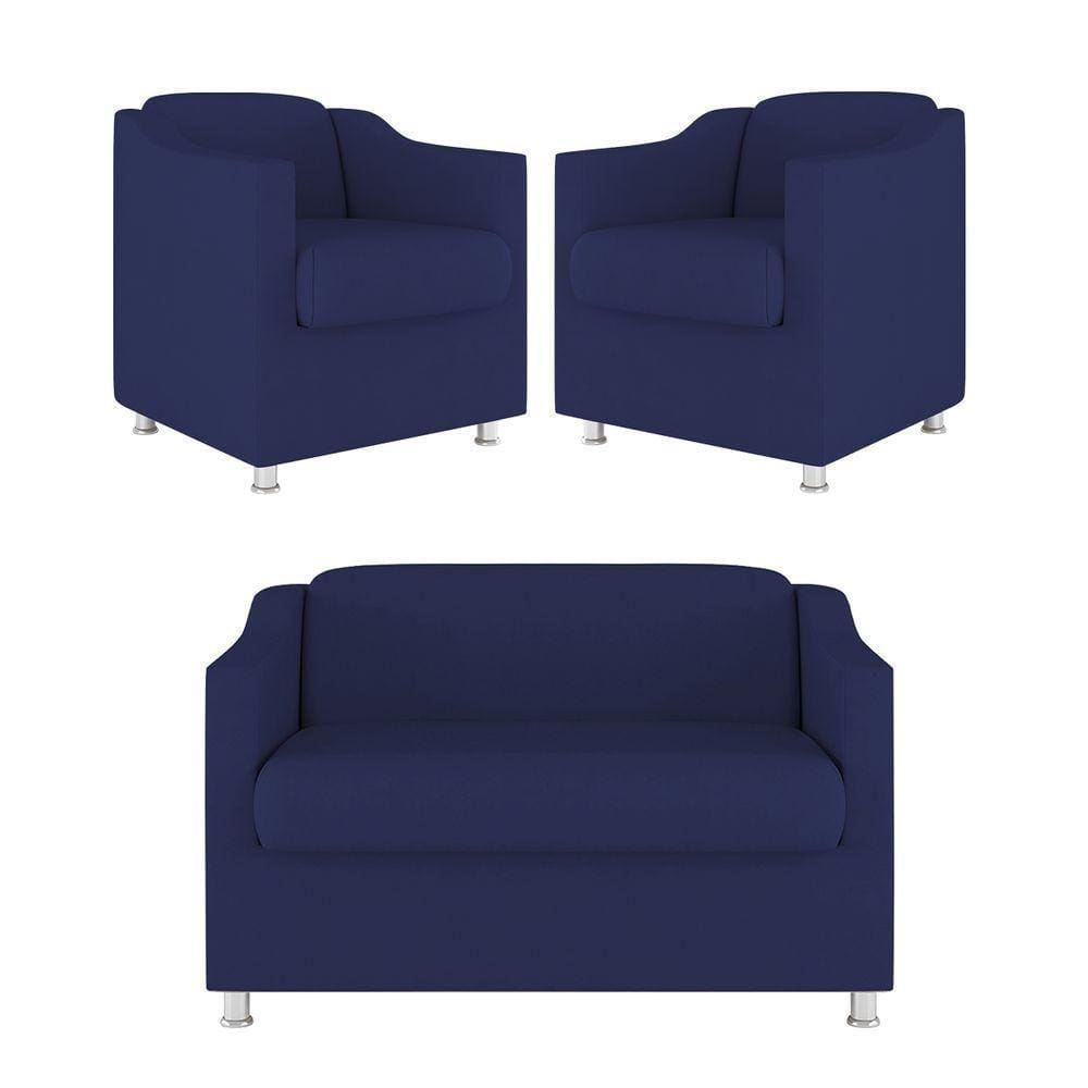 Kit Sofá Namoradeira + 02 Poltrona Tilla Recepção Sala Suede azul Marinho