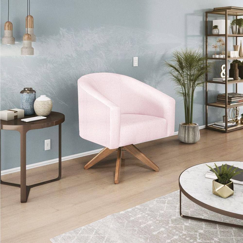 Poltrona Decorativa Luiza Base Giratória De Madeira Suede Rosa Bebê