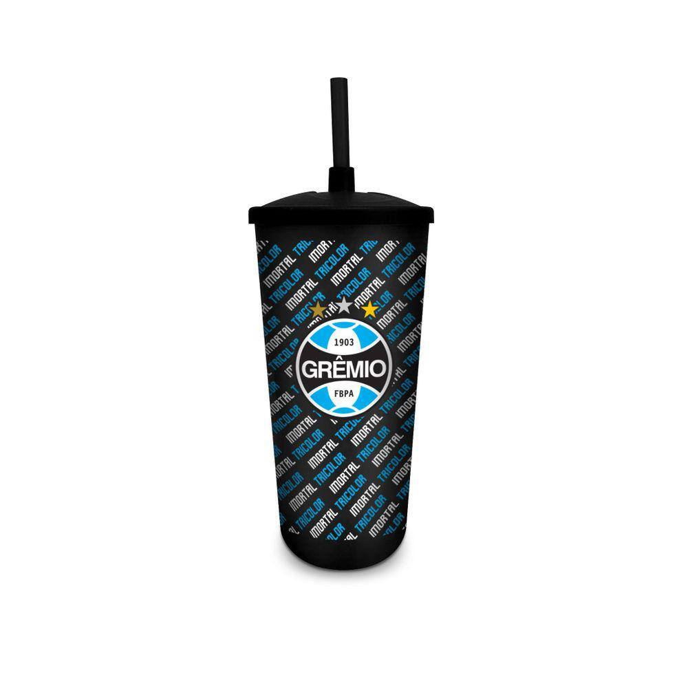 Copo Plástico com Canudo Grêmio 500ml - Livre de BPA