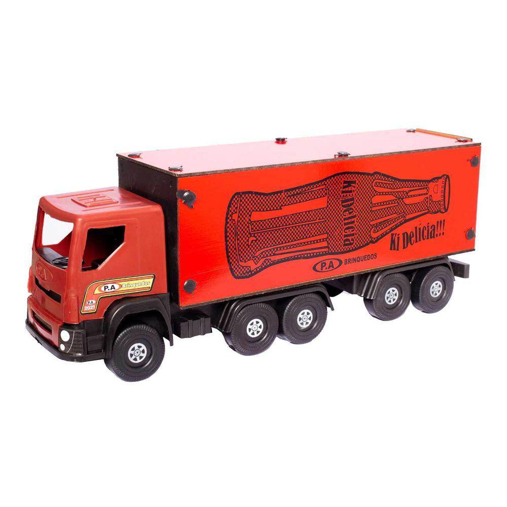 CAMINHAO CARRETA BAU DE BRINQUEDO GRANDE PLASTICO E MADEIRA 70CM