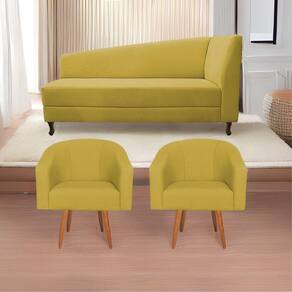 Kit Diva Recamier Heitor 185Cm Lado Esquerdo E 02 Poltronas Luiza Suede - Doce Sonho Móveis Amarelo