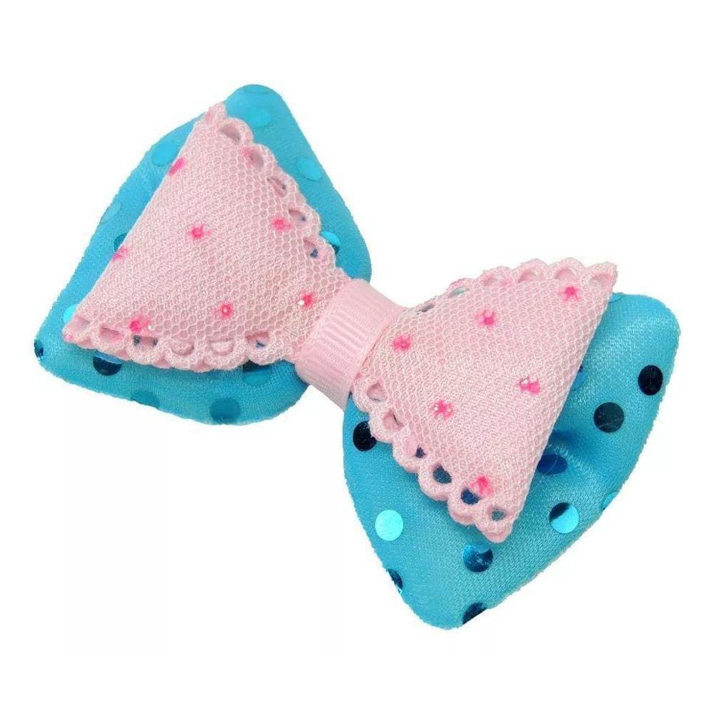 Express Laço Duplo Paetê Azul Bebê com Rosa 71mm - 20 Peças