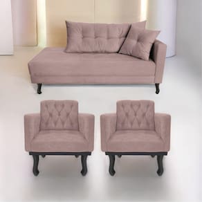 Kit Diva Recamier Azura 140Cm Lado Esquerdo E 02 Poltronas Classic Linho - Doce Sonho Móveis Rosê