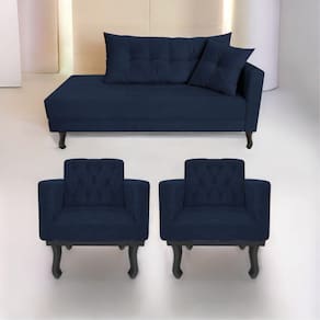 Kit Diva Recamier Azura 160cm Lado Esquerdo e 02 Poltronas Classic Suede Azulmarinho
