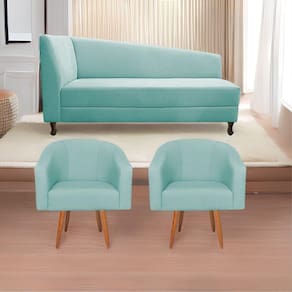 Kit Diva Recamier Heitor 185cm Lado Direito e 02 Poltronas Luiza Suede Azul Tiffany