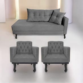 Kit Diva Recamier Azura 140Cm Lado Esquerdo E 02 Poltronas Classic Suede - Doce Sonho Móveis Cinza
