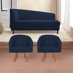 Kit Diva Recamier Heitor 140cm Lado Esquerdo e 02 Poltronas Luiza Suede Azulmarinho