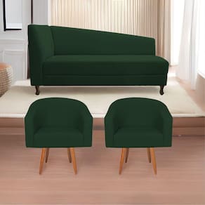 Kit Diva Recamier Heitor 185Cm Lado Direito E 02 Poltronas Luiza Suede - Doce Sonho Móveis Verde