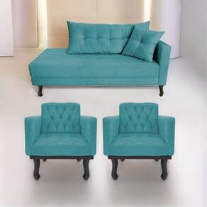 Kit Diva Recamier Azura 140Cm Lado Esquerdo E 02 Poltronas Suede - Doce Sonho Móveis Azulturquesa