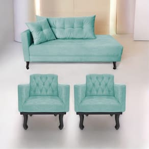 Kit Diva Recamier Azura 185cm Lado Direito e 02 Poltronas Classic Suede Azul tiffany
