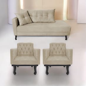 Kit Diva Recamier Azura 160Cm Lado Direito E 02 Poltronas Classic Suede - Doce Sonho Móveis Bege