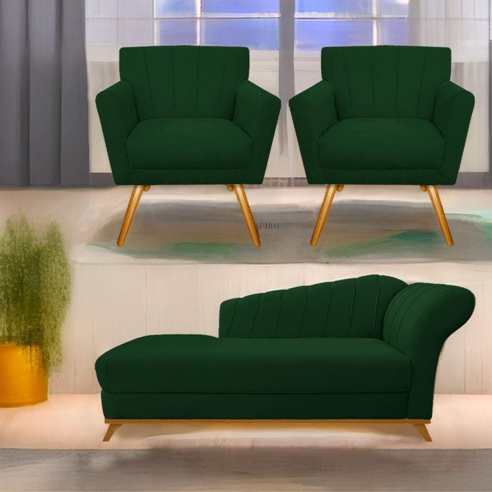 Kit Diva Recamier Vanessa 160Cm Lado Esquerdo E 02 Poltronas Laura Suede Cor Verde