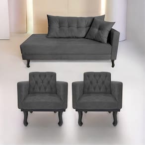 Kit Diva Recamier Azura 185cm Lado Esquerdo e 02 Poltronas Classic Linho Cinza escuro