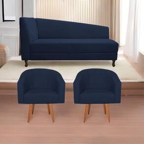 Kit Diva Recamier Heitor 140cm Lado Direito e 02 Poltronas Luiza Suede Azul Marinho