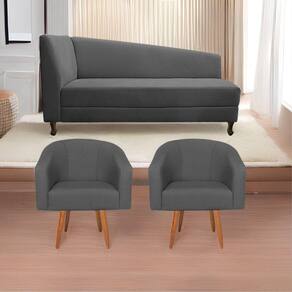 Kit Diva Recamier Heitor 160cm Lado Direito e 02 Poltronas Luiza Linho Cinza escuro