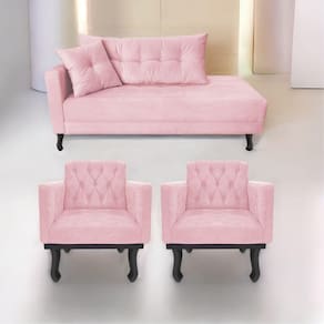 Kit Diva Recamier Azura 185cm Lado Direito e 02 Poltronas Classic Suede Rosabebê