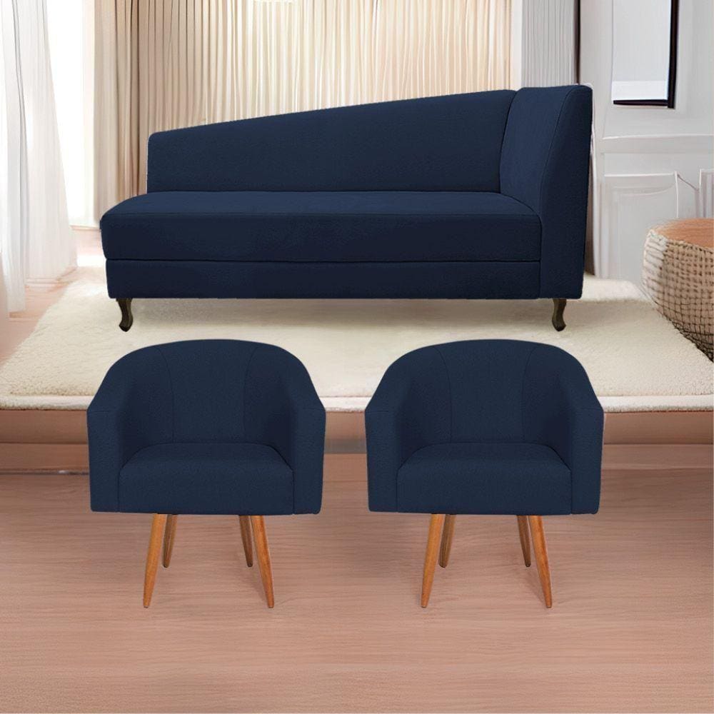 Kit Diva 185Cm Lado Esquerdo E 02 Poltronas Luiza Suede - Doce Sonho Móveis Azul Marinho