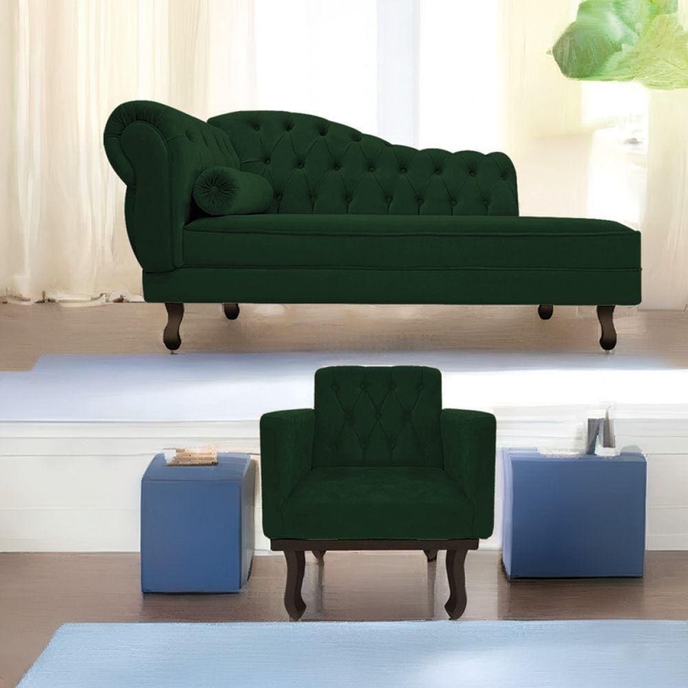 Kit Diva Recamier Diana 160Cm Lado Direito E 01 Poltrona Classic Suede - Doce Sonho Móveis Verde