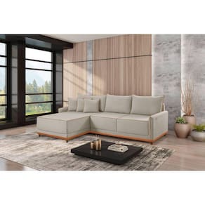 Sofá Linho 3 Lugares 264cm com Chaise Lado Esquerdo e Kit Usb Barra Creme
