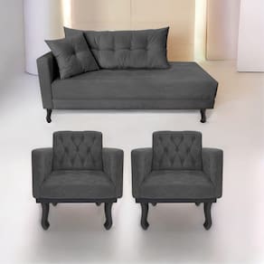 Kit Diva Recamier Azura 140Cm Lado Direito E 02 Poltronas Linho - Doce Sonho Móveis Cinzaescuro