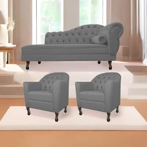 Kit Diva Recamier Diana 130cm Lado Esquerdo e 02 Poltronas Julia Suede Cinza
