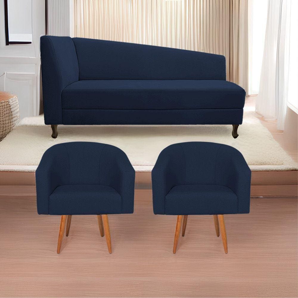 Kit Diva 185Cm Lado Direito E 02 Poltronas Luiza Suede - Doce Sonho Móveis Azul Marinho