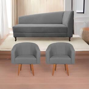 Kit Diva Recamier Heitor 160cm Lado Esquerdo e 02 Poltronas Luiza Suede Cinza