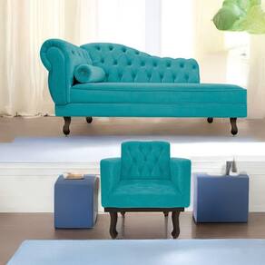 Kit Diva Recamier Diana 160Cm Lado Direito E 01 Poltrona Suede - Doce Sonho Móveis Azul Turquesa