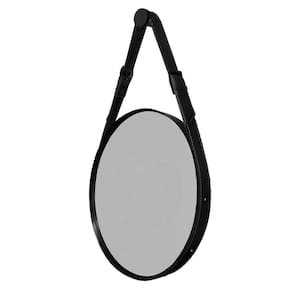 Espelho Decorativo Redondo com Moldura em Couro 55cm Preto