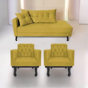 Kit Diva Recamier Azura 160cm Lado Direito e 02 Poltronas Classic Suede Amarelo